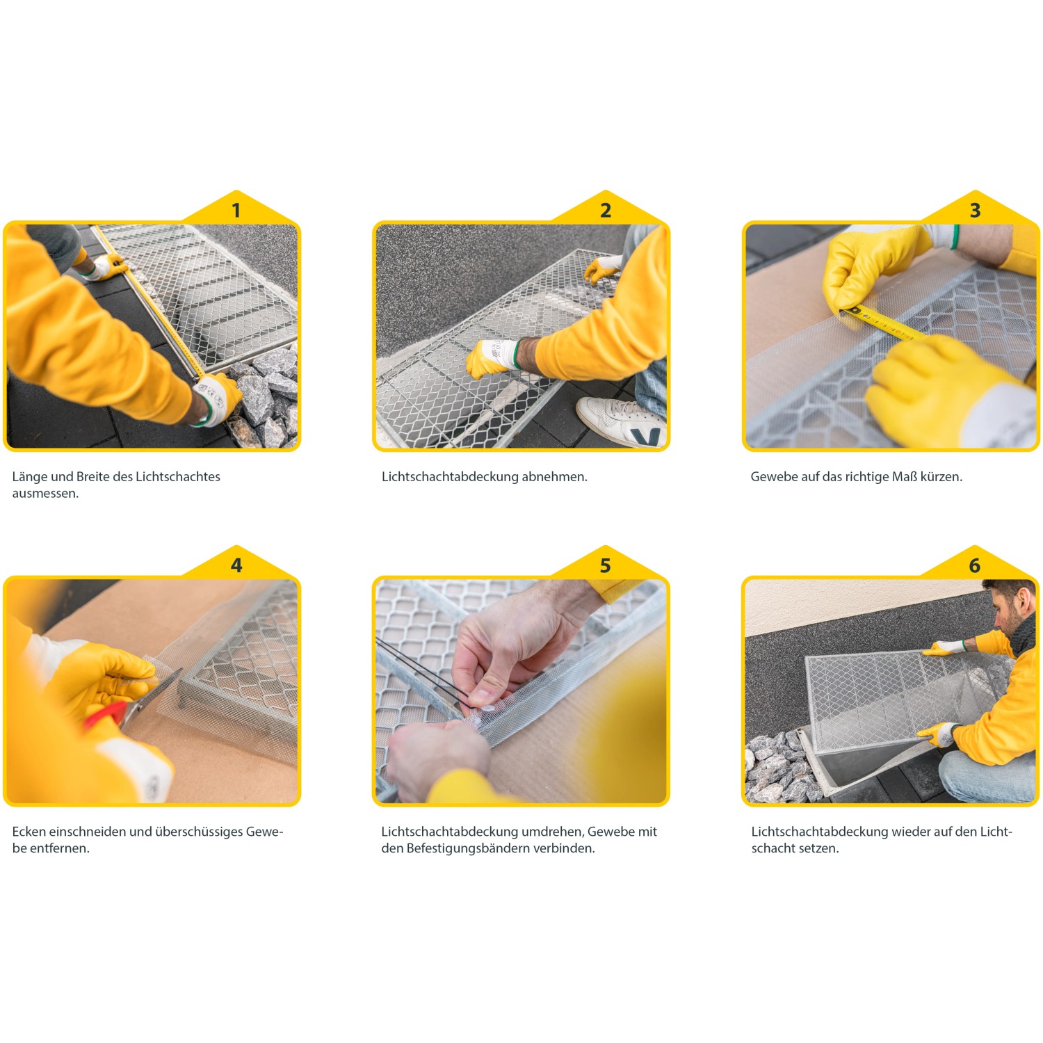 Anleitung: Schellenberg Lichtschachtabdeckung aus Aluminiumgewebe montieren.