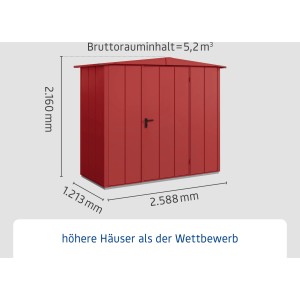 Ecostar Gerätehaus Elegant, purpurrot, mit Satteldach und Einzeltür. Abmessungen sind dargestellt.