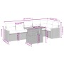 Beige 7-tlg. Garten-Sofagarnitur aus Polyrattan mit Kissen und Maßen.