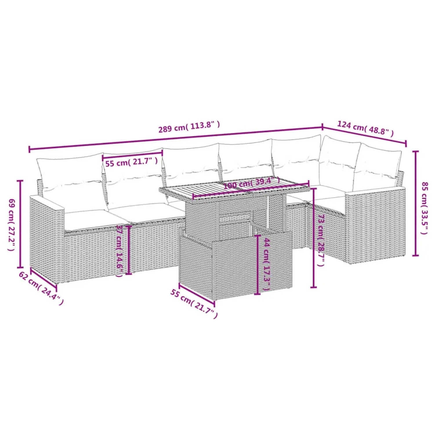 Beige 7-tlg. Garten-Sofagarnitur aus Polyrattan mit Kissen und Maßen.
