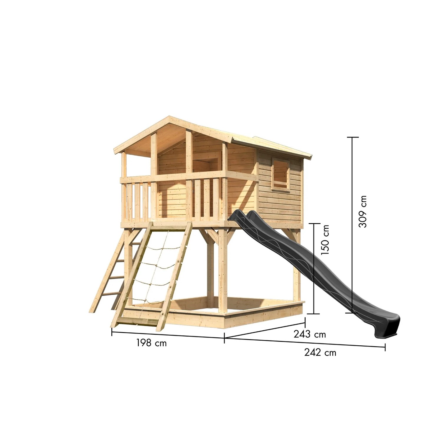 Karibu Stelzenhaus Benjamin mit Rutsche und Netzrampe, naturbelassenes Holz und anthrazitfarbene Rutsche.