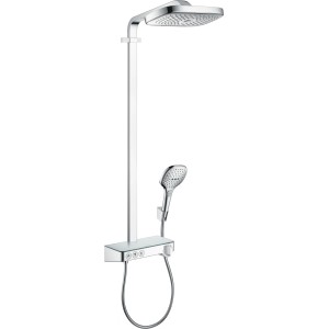 Hansgrohe Raindance Brauseset mit Kopf- und Handbrause, Thermostat und Brausestange in Chrom.