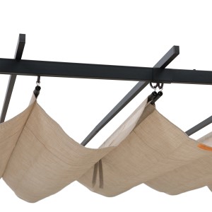Detailansicht der Sunjoy Pergola Giona mit beigem Stoffschirm und schwarzem Stahlrahmen.