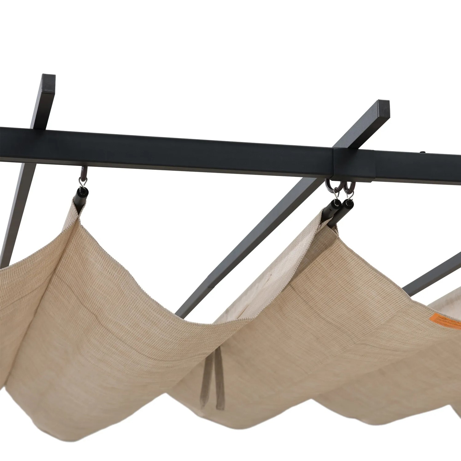 Detailansicht der Sunjoy Pergola Giona mit beigem Stoffschirm und schwarzem Stahlrahmen.