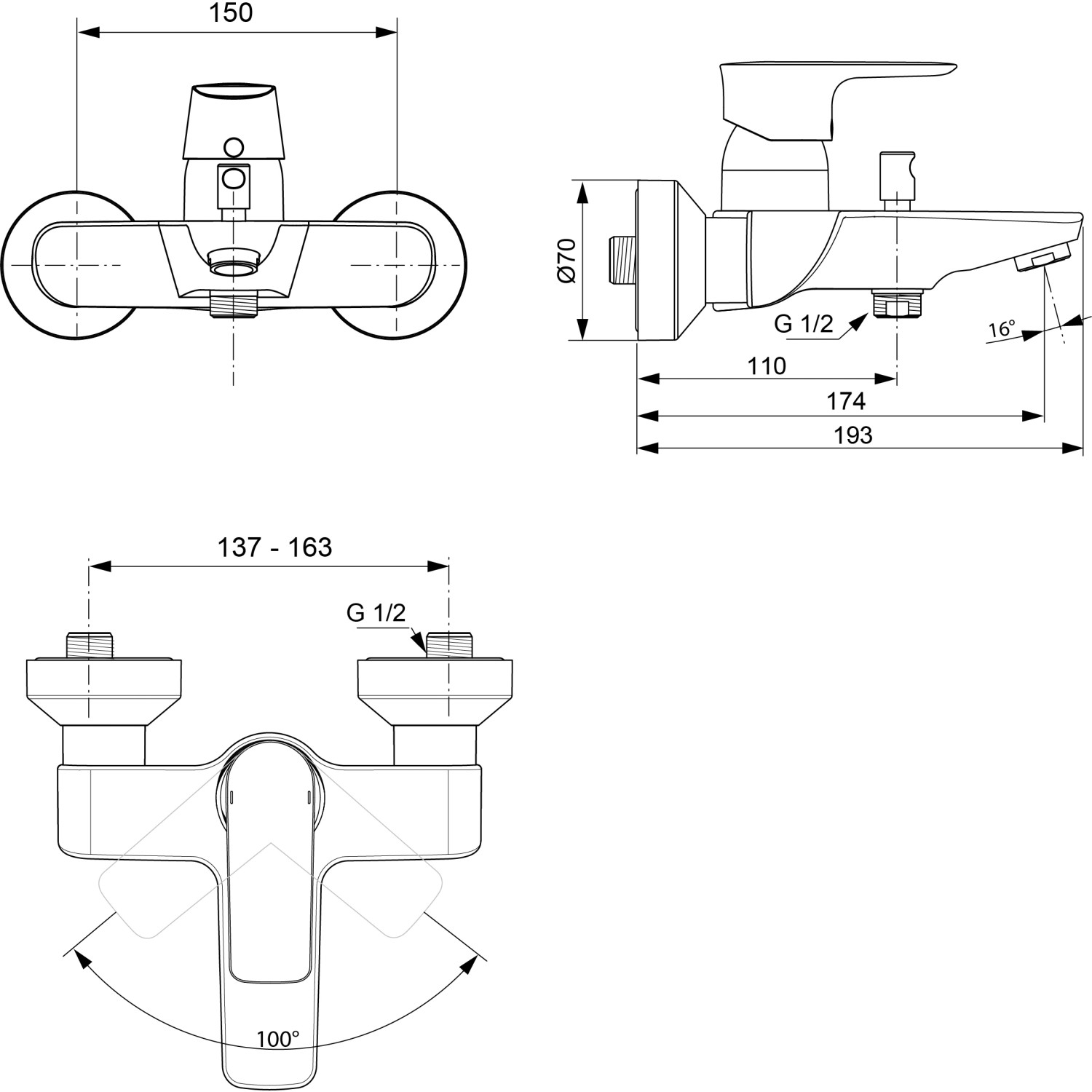 Technische Zeichnung: Ideal Standard Connect Air Badearmatur Aufputz in gebürstetem Gold mit Maßangaben.