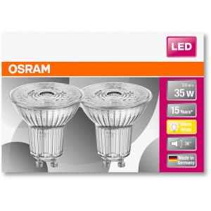 Osram GU10 LED-Leuchtmittel 2er-Set, 2,6W, warmweiß, 230 Lumen, 5,2x5cm.