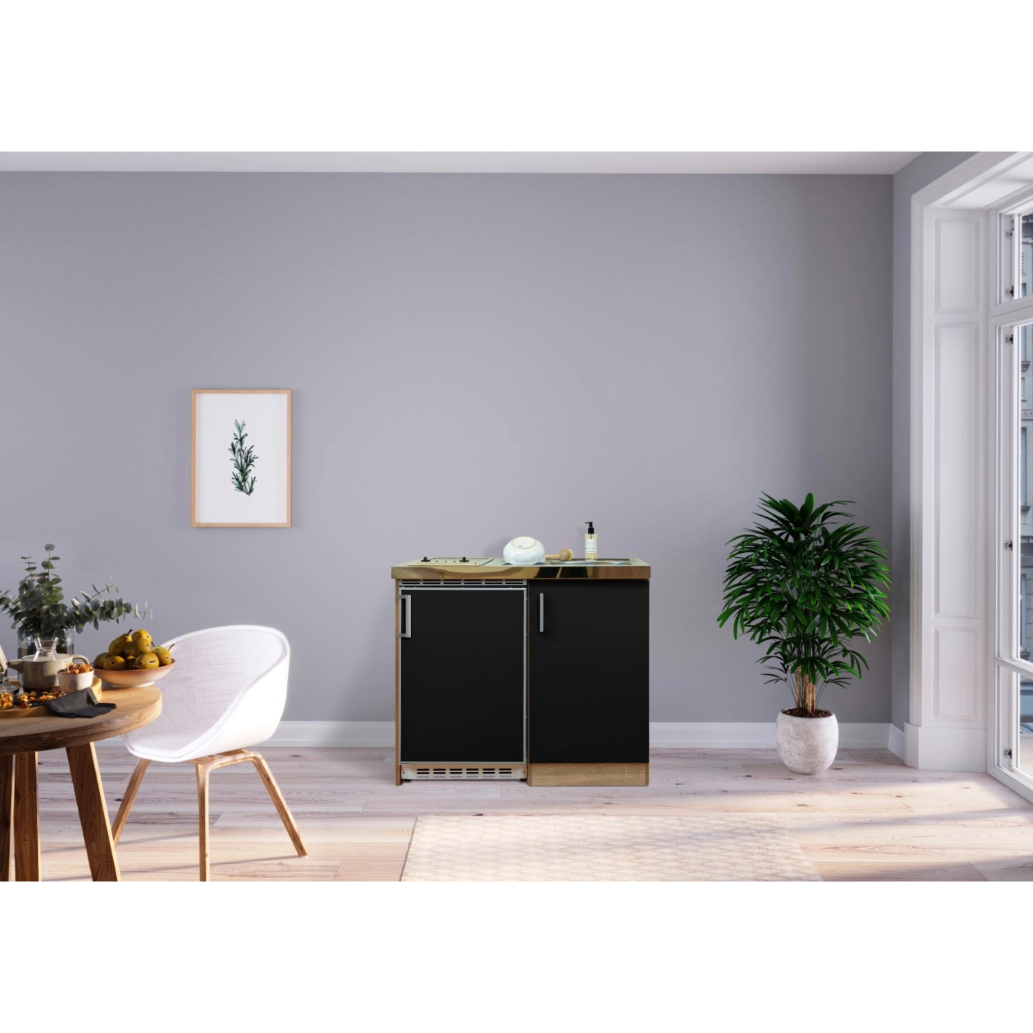 Respekta Miniküche MK100ESSC 100 cm Schwarz-Eiche Sägerau Nachbildung
