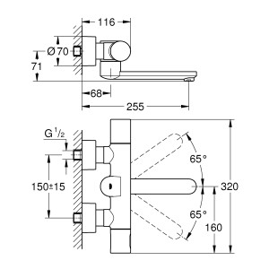 Technische Zeichnung: Grohe Eurosmart CE Infrarot Waschtischarmatur, Maße und Details.