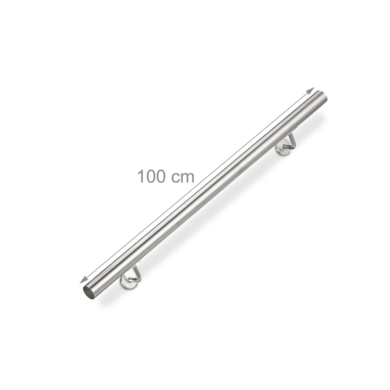 Silberner Edelstahl Handlauf, 100 cm lang, mit Wandhalterungen. Ideal für Treppen innen & außen.