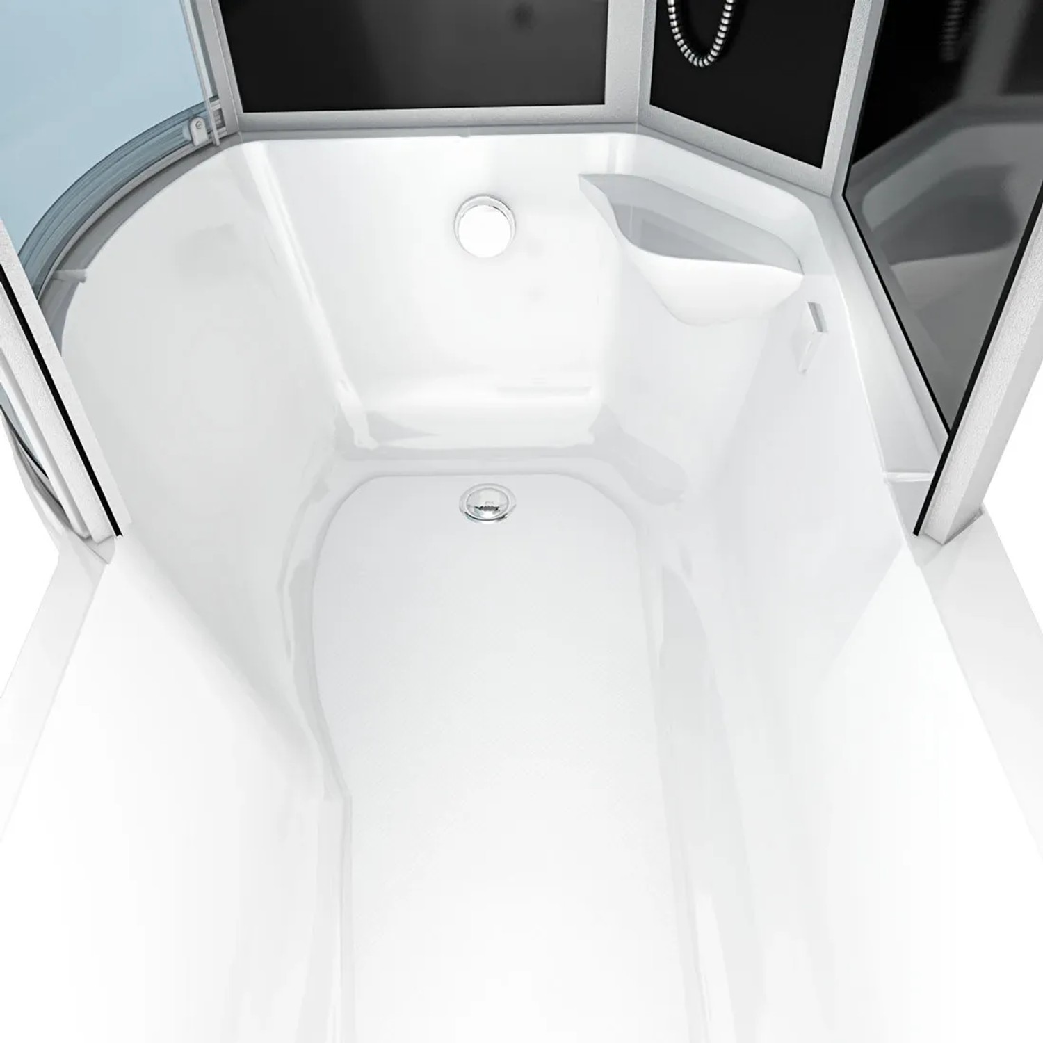 Innenansicht der AcquaVapore Duschtempel Kombination mit weißer Badewanne und schwarzer Rückwand.