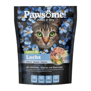 Pawsome Katzen-Trockenfutter mit Lachs für adulte Katzen, 750g Packung.
