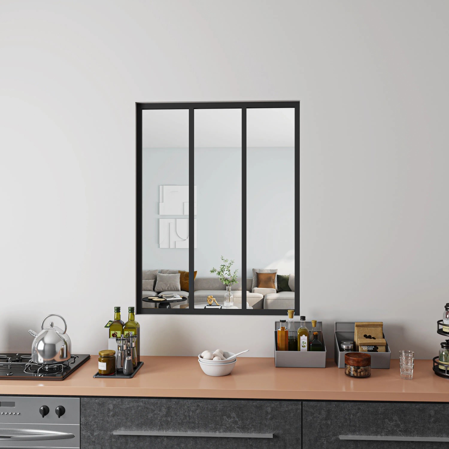 Schwarzes AICA Loftstil Innenfenster Ecklösung, 93x108cm, als Raumteiler im Küchenbereich.