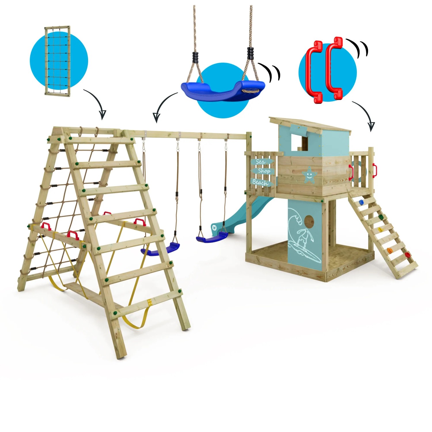 Wickey Spielturm Smart Surf mit Rutsche, Kletterwand, Schaukel und Spielhaus in Pastellblau.