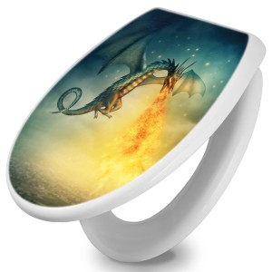 Weißer WC-Sitz mit Absenkautomatik und Drachen Motiv. Duroplast Toilettendeckel für Standard WC.