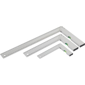 Schreinerwinkel-Set mit 3 Aluminiumwinkeln und integrierter Wasserwaage.