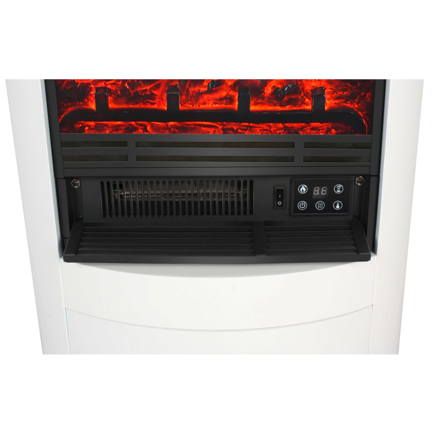 Detailaufnahme: Weißer EL Fuego Elektrokamin Wien II mit Bedienelementen und simuliertem Flammeneffekt.