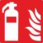 Rotes Türschild mit weißem Feuerlöscher-Symbol und Flammen, 12x4,5 cm.