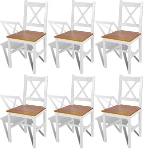 6er Set Esszimmerstühle aus Kiefernholz, weiß lackiert mit naturfarbener Sitzfläche.