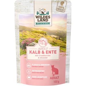 Wildes Land Katzen-Nassfutter Kalb & Ente, 100g. Getreidefrei, mit Cranberries und Distelöl.