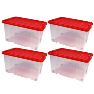 4er Set: Große, transparente Euroboxen mit roten Deckeln und Rollen zur Aufbewahrung.
