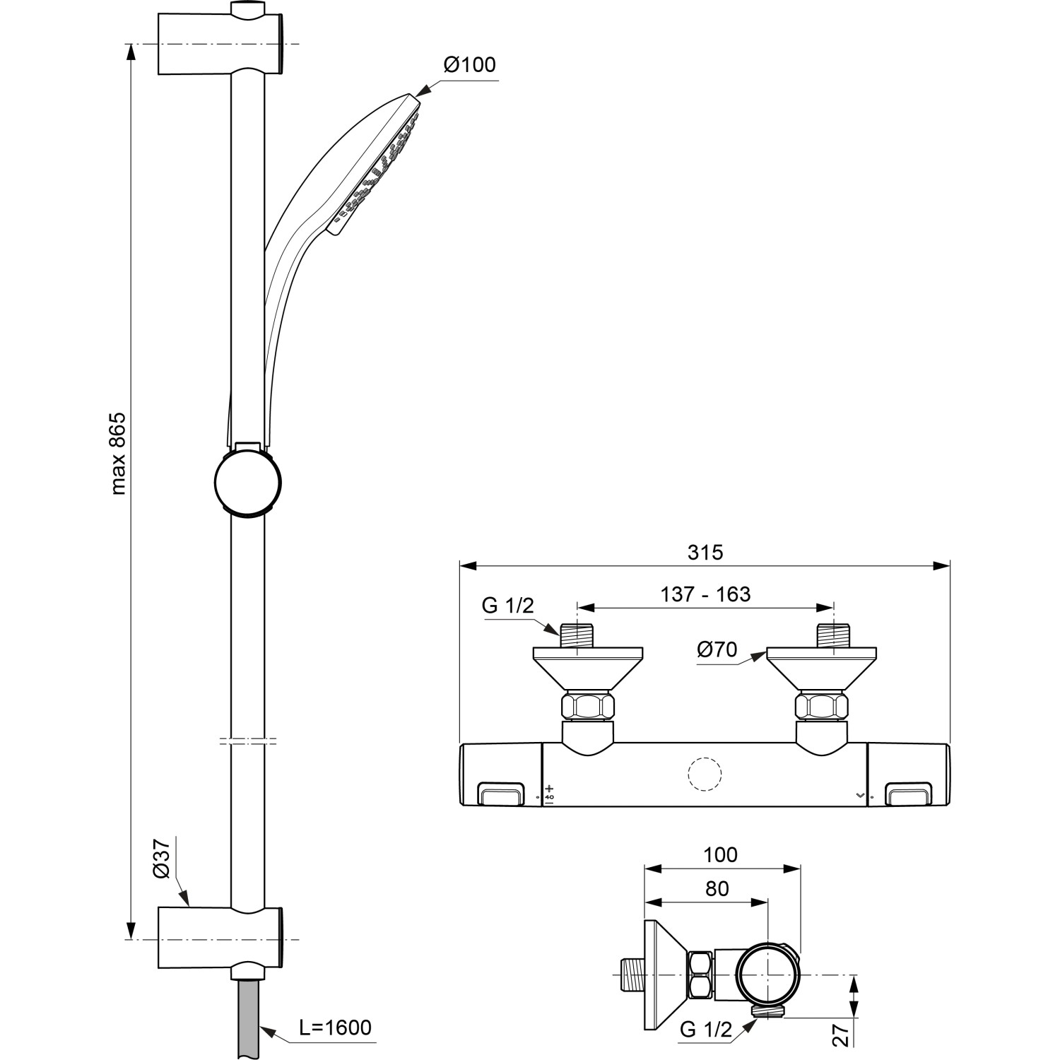 Technische Zeichnung: Ideal Standard Ceratherm T25 Brausekombination mit Brausestange (90cm) und Maßangaben.