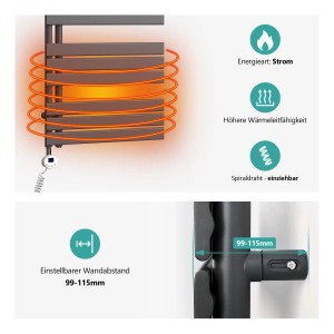 Emke Badheizkörper elektrisch, anthrazit, mit Thermostat und Timer, 40x104cm, 400W. Handtuchheizkörper Details.