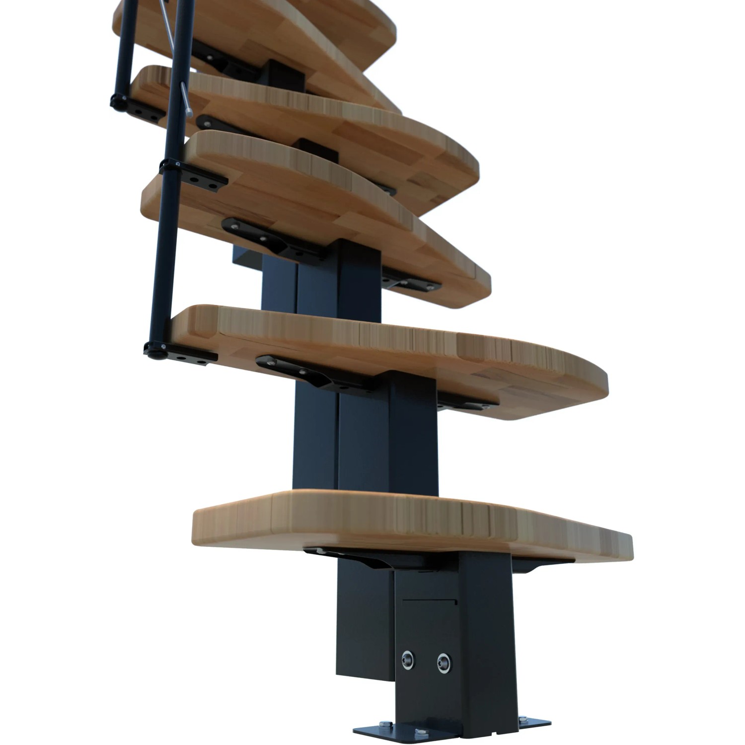 Minka Raumspartreppe Quatro Buche/Schwarz, Detailansicht der Holzstufen und schwarzen Metallelemente.