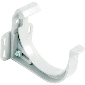 Verstellbarer, weißer Marley Rinnenhalter RG 75 für Kunststoff-Dachrinnen.