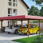 Doppelcarport Skan Holz Wendland Nussbaum mit zwei geparkten Autos.