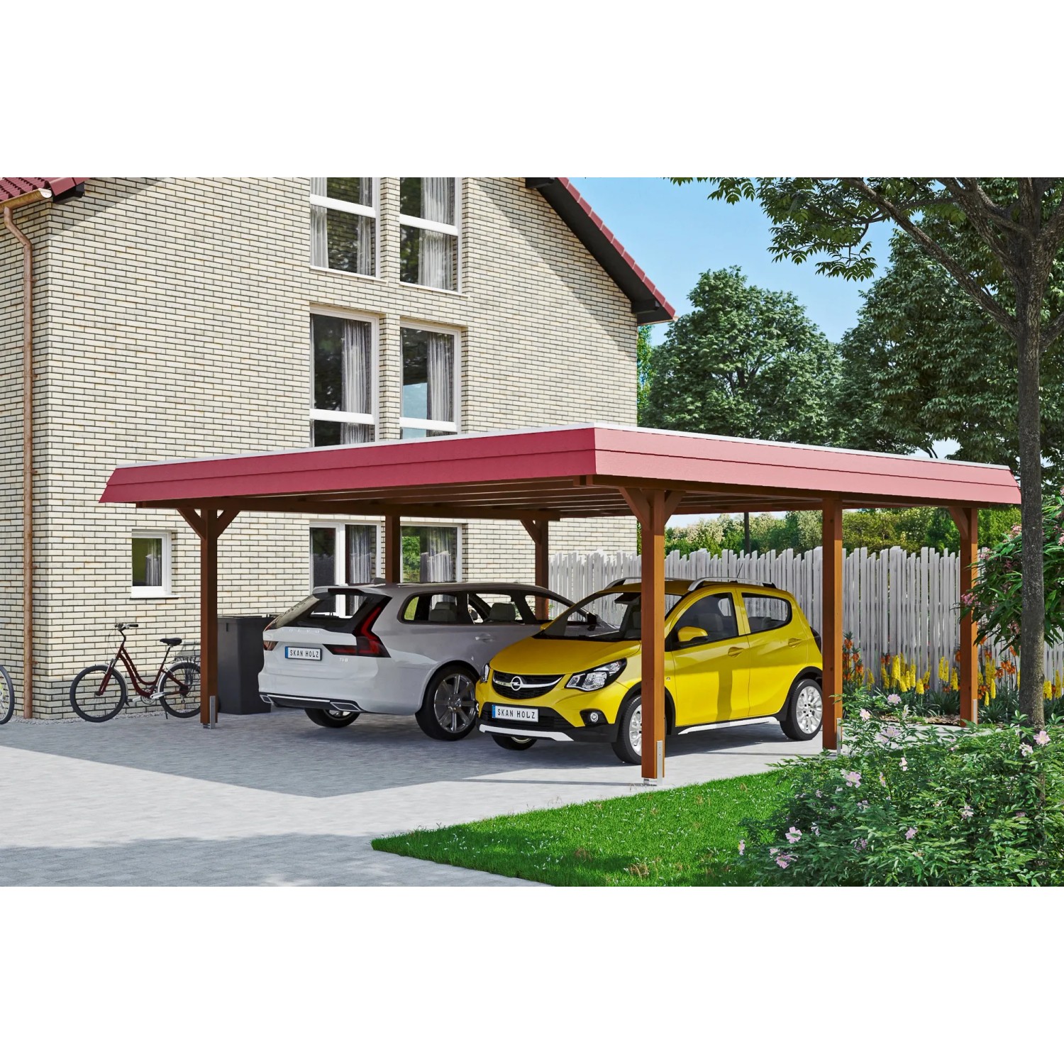 Doppelcarport Skan Holz Wendland Nussbaum mit zwei geparkten Autos.