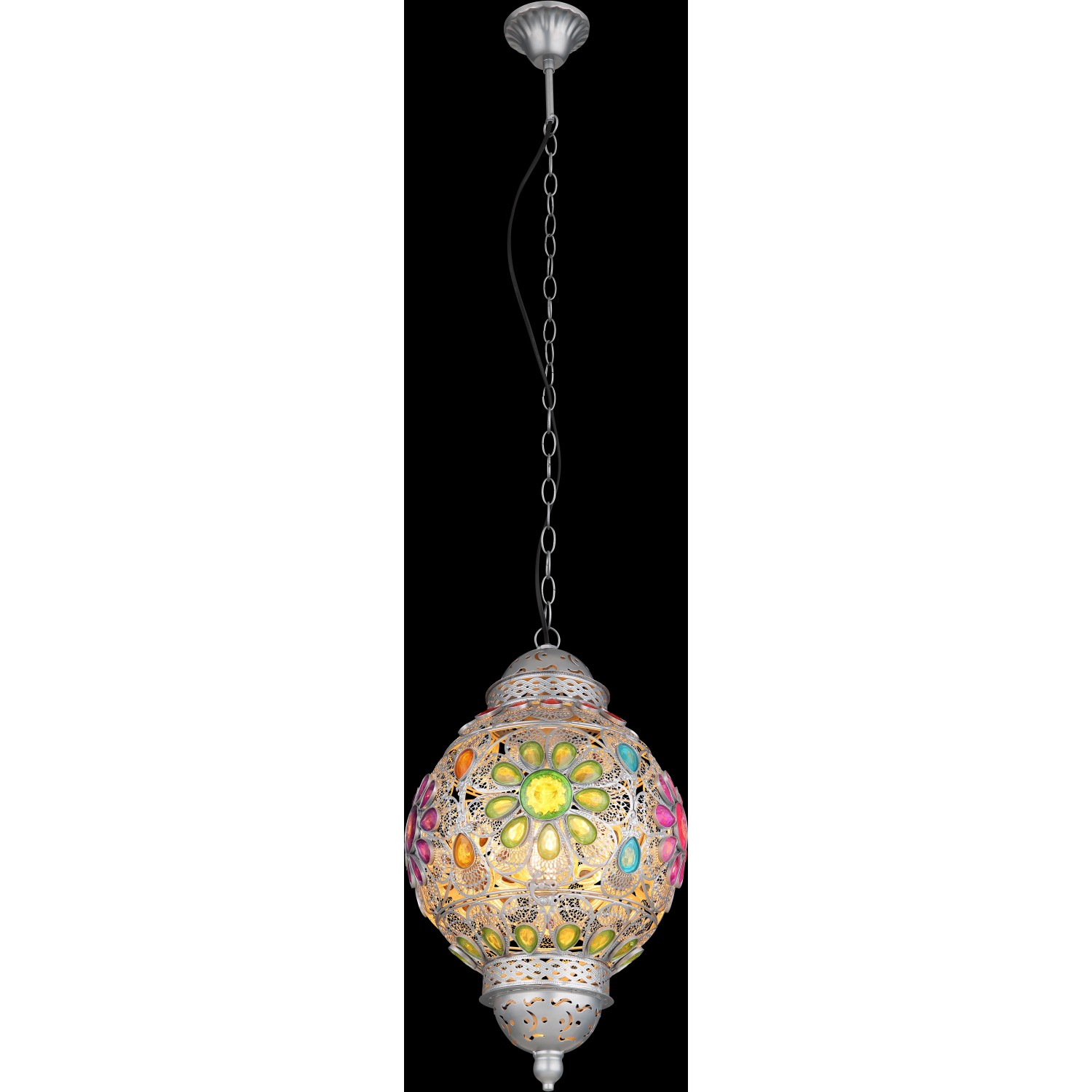 Silbergraue Globo Pendelleuchte mit bunten Acrylkristallen, 270x1200 mm. Dekorative Hängeleuchte.