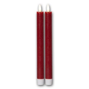 Zwei rote LED Stabkerzen aus Echtwachs mit warmweißer Flamme, 25cm hoch. 2er Set für Kerzenleuchter.