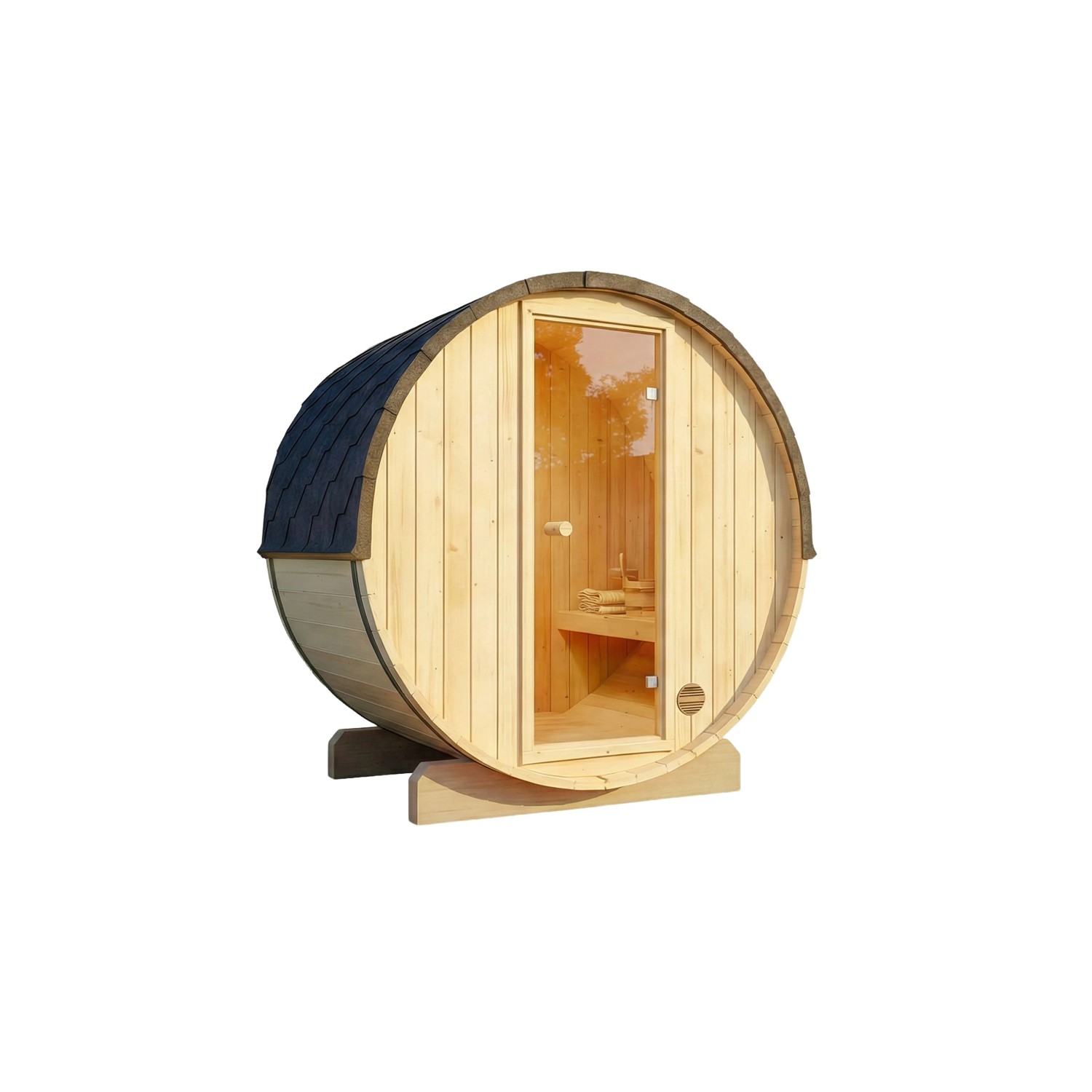 FinnTherm Fasssauna Mini XXS aus Holz mit Glastür und Dachschindeln.