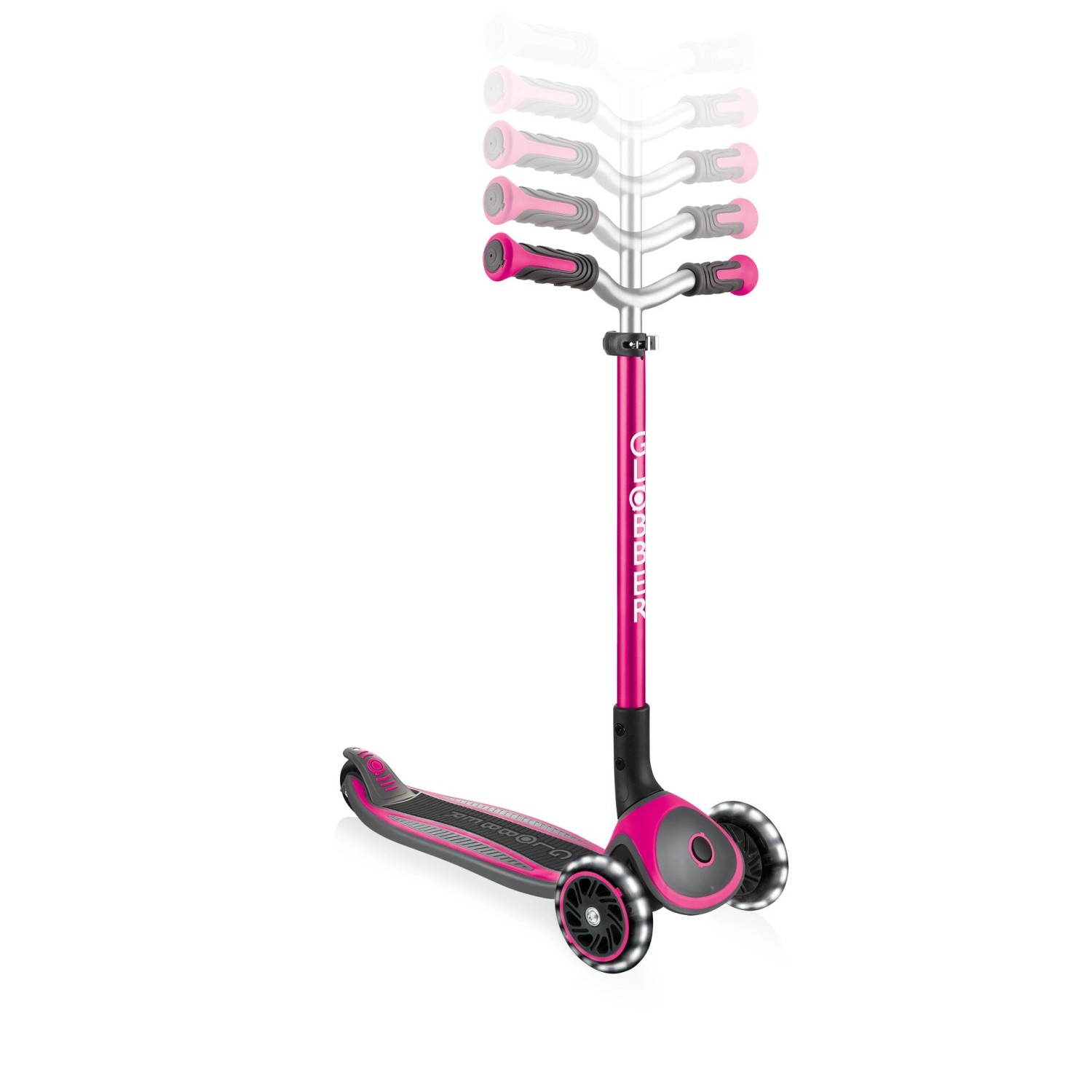 Pinker Globber Master Lights Tretroller für Kinder mit LED-Leuchtrollen und höhenverstellbarer Lenkstange.