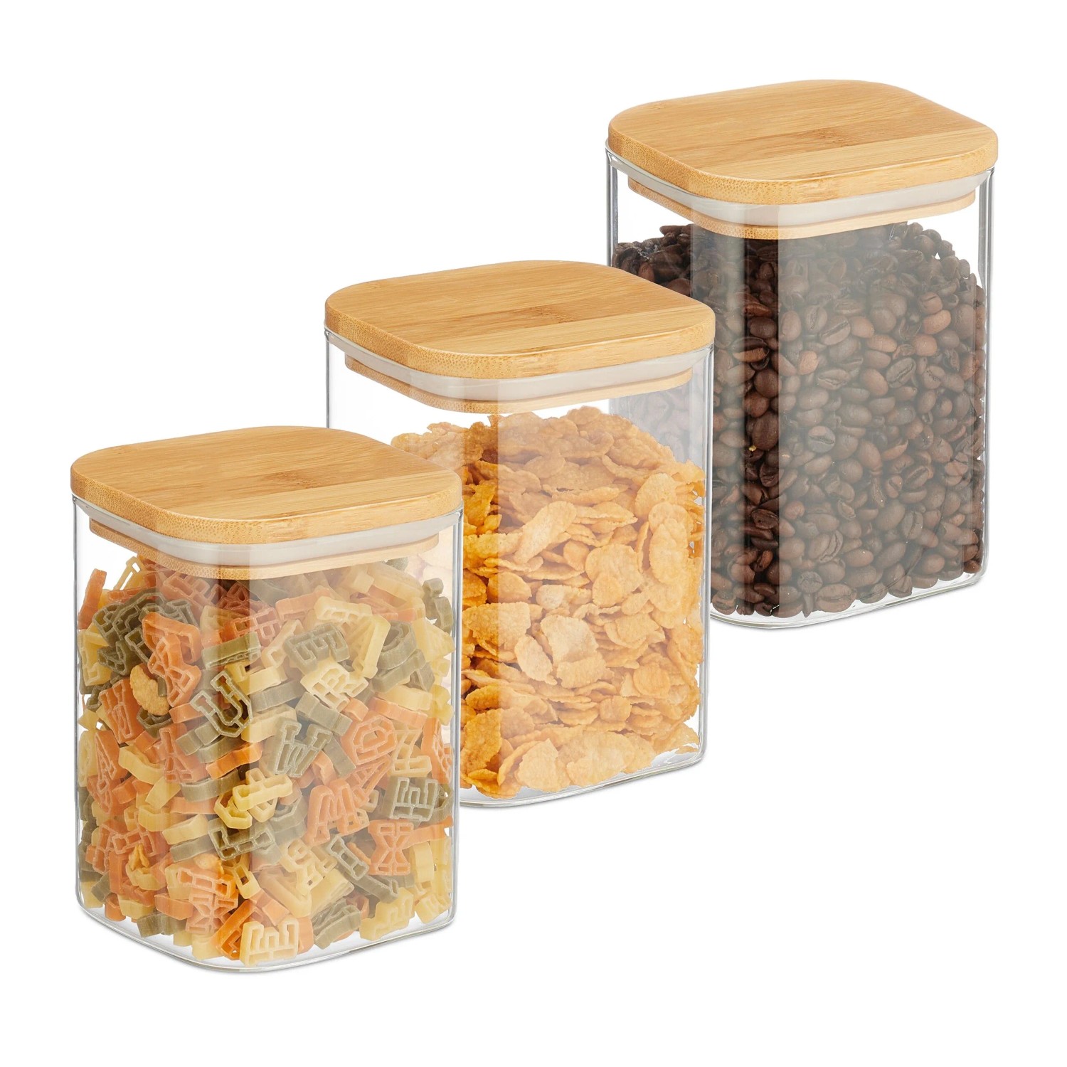 Relaxdays Vorratsgläser 3er Set mit Deckel Glas Bambus Silikon Transparent Natur Luftdicht 13,5 cm x 10 cm x 10 cm 900 ml