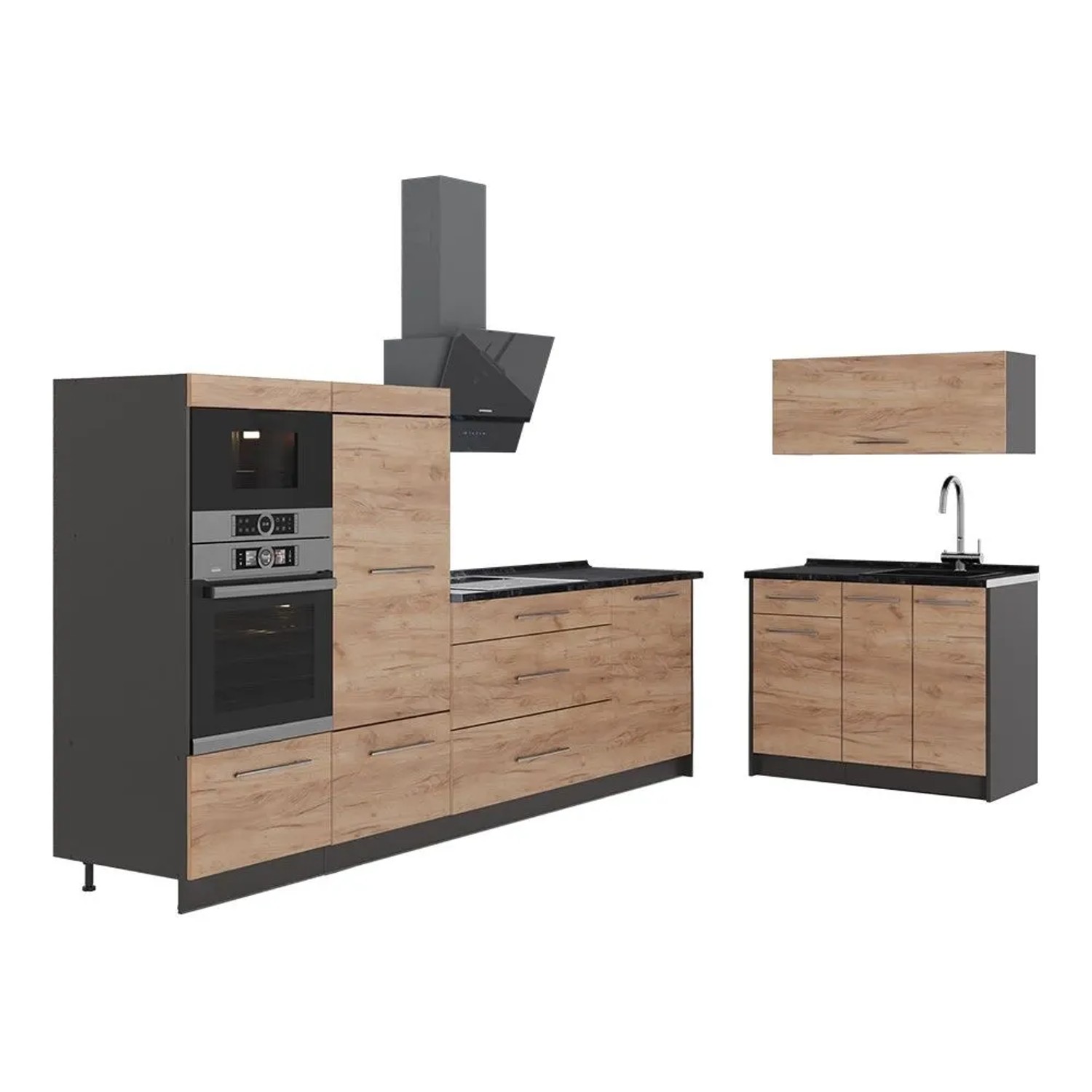 Vicco Küchenzeile Fame-Line Goldkraft Eiche/Anthrazit 380 x 154 ohne Arbeitsplatte Art Nr 64063