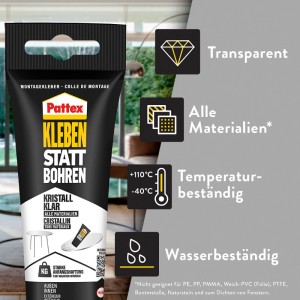 Pattex Montagekleber Kristallklar, 208g Tube, transparent, für vielfältige Anwendungen.