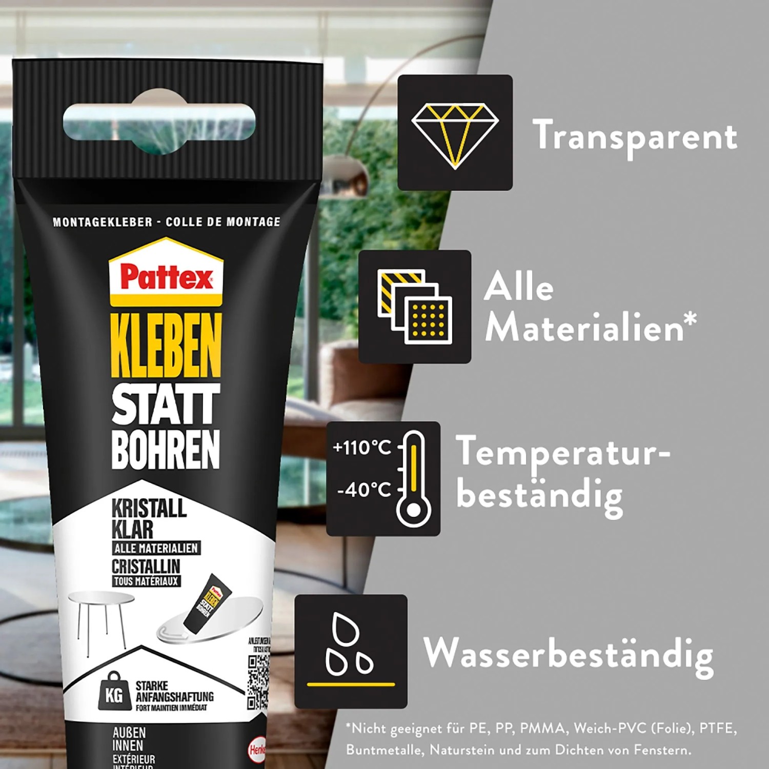 Pattex Montagekleber Kristallklar, 208g Tube, transparent, für vielfältige Anwendungen.