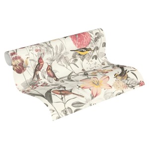 PROFHOME Vliestapete mit Blumenmuster in Rot, Gelb und Grau. Dekorative Tapete für Wohnräume.