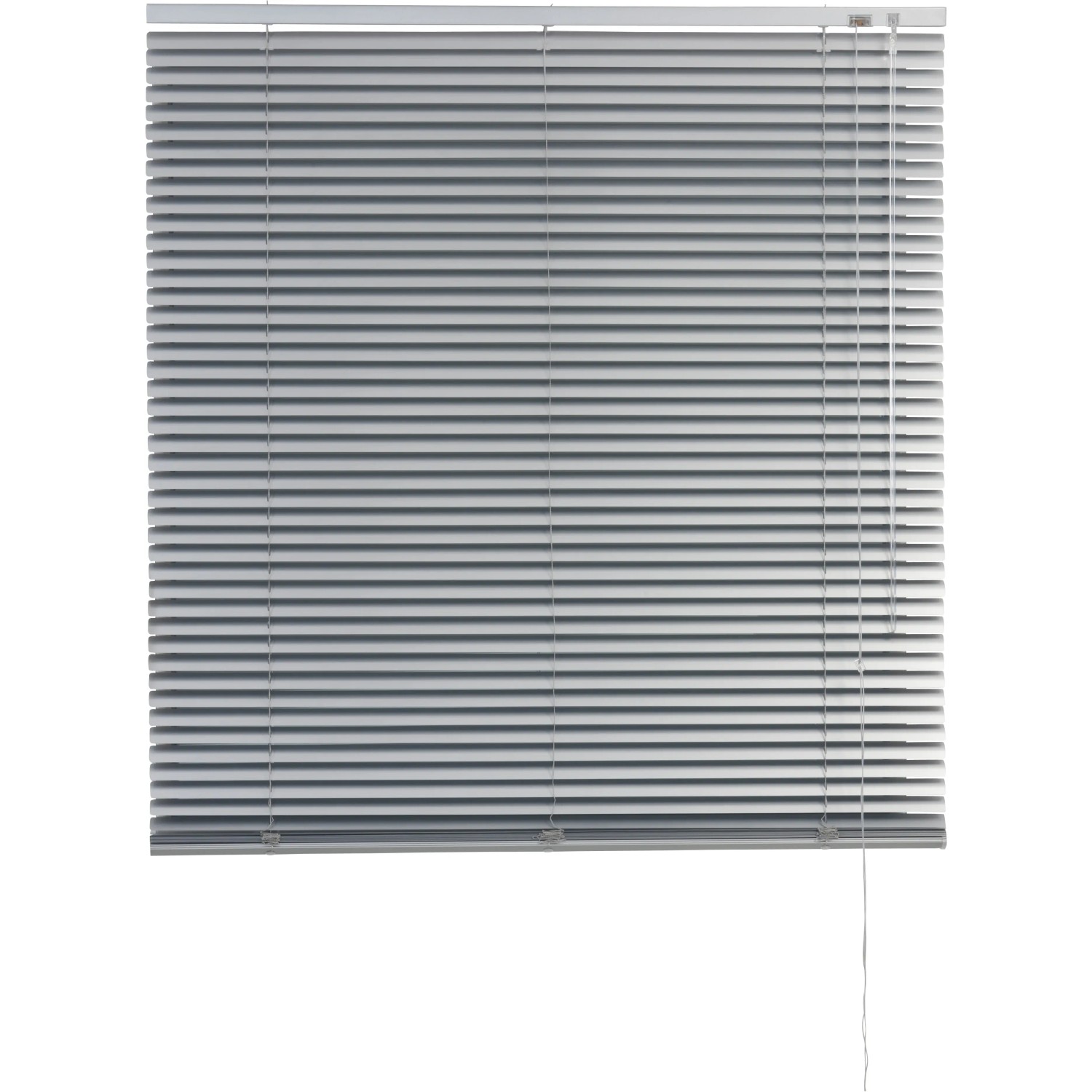 Silberne Aluminium Jalousie Burgos, 70x160 cm, für Fenster, mit Zugschnur zur Lichtregulierung.