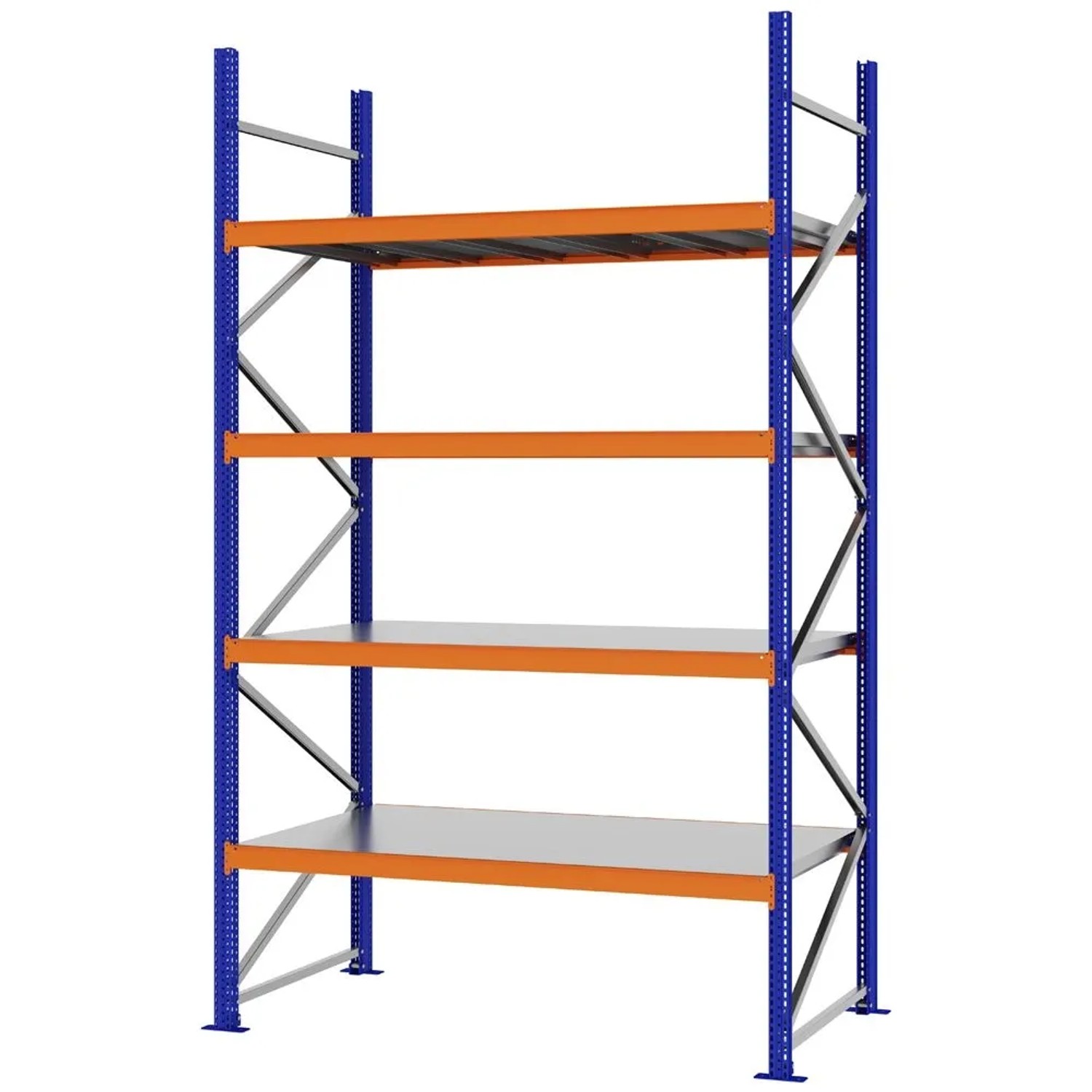 PROREGAL Weitspannregal Schraub-Stecksystem MAGNUS PRO Made In Germany Grundregal 300x175x80cm 4 Ebenen Stahlböden Fachlast 700kg Blau/Orange