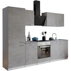 Respekta Küchenblock Malia 270 cm in Betonoptik mit Kühl-/Gefrierkombination und E-Geräten.