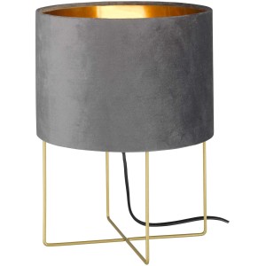 Graue Fischer & Honsel Tischleuchte Aura mit Samtschirm und goldenem Metallfuß.