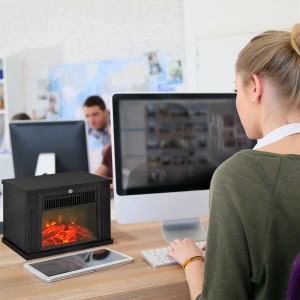 Schwarzer HOMCOM Elektrokamin als Tischgerät im Büro mit Flammeneffekt.