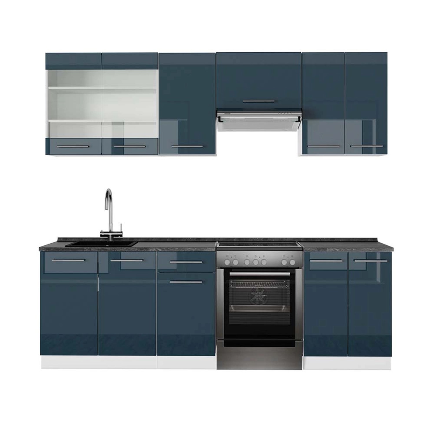Vicco Fame-Line Küchenzeile Dunkelblau Hochglanz/Weiß 240 cm AP Anthrazit günstig online kaufen
