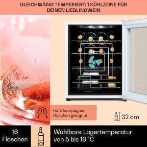 Klarstein Shiraz 16 Quartz Weinkühlschrank mit Glasfront und Weinlagerung.