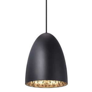 Schwarze Nordlux Nexus 20 Pendelleuchte aus Metall, eiförmig, mit goldfarbenem Innenreflektor.