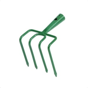 Grüne Galaflor Kartoffelhacke aus pulverbeschichtetem Stahl mit 4 Zinken, 15 cm breit, ohne Stiel.