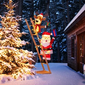 Beleuchtetes Costway Rentier und Weihnachtsmann auf Leiter, 166 cm, für Außen-Weihnachtsdeko.