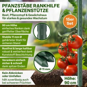 TTL GARDEN Rankstäbe 90cm 15er Set 11mm Kunststoffbeschichtet Pflanzstäbe Rankhilfe Tomatenstab Für Garten Gewächshaus
